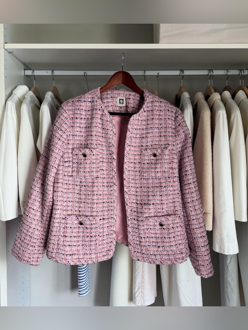 Anne Klein Pink Collarless Tweed Bouclé Jacket with 4 pockets